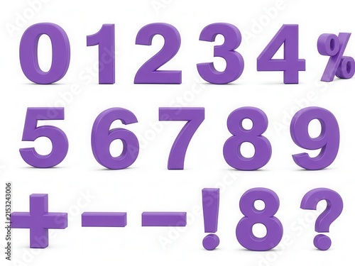 Set of 3d purple numbers and math symbols isolated on white background