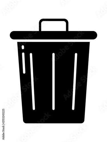 Empty black office trash can with swing lid and vertical slots for waste management solutions