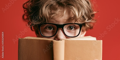 Funny young boy isolated on a red wall, holding and reading a book