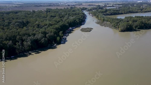 Drone view of the flooding Danube River in Slovakia, natural disaster, 4k