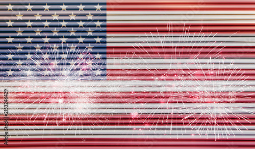 American Flag painted on a Galvanized rusty door with fireworks