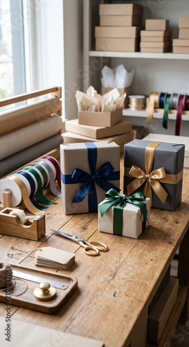 Gift packaging worktable with finished ribbon boxes, kraft cartons, colorful ribbon rolls, scissors, tissue paper, and tags within an organized gift packaging studio