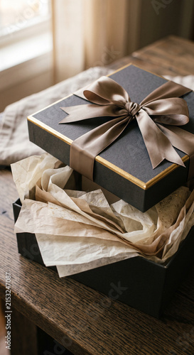 Canvastavla Open black gift box edged in gold with a wide taupe satin bow and crumpled tissu