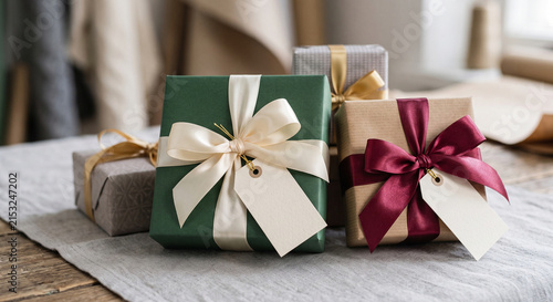 Three coordinated gift boxes with cream, burgundy, and gold satin bows and blank tags arranged on a light textile surface for detailed decorative package preparation