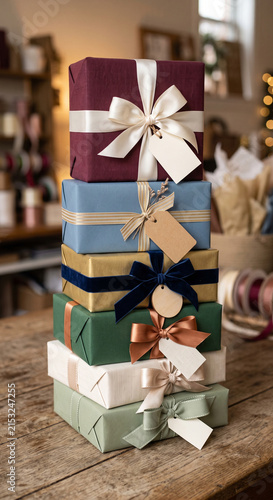 Tall stack of colorful gift boxes wrapped in burgundy, blue, green, and cream paper with contrasting bows and blank tags with details suited to careful parcel wrapping