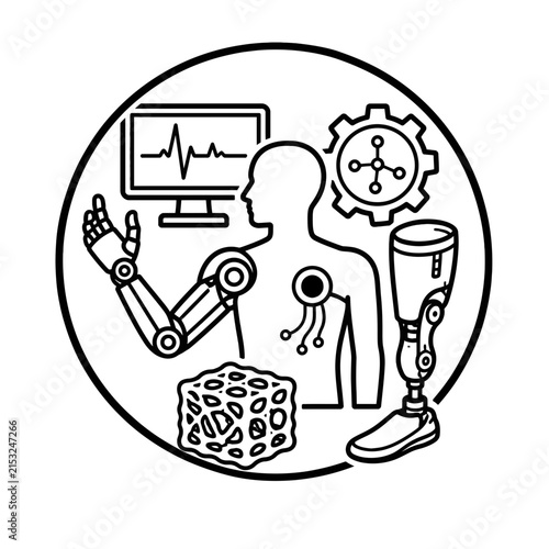 Biotechnology and Bionic Prosthetics Icon showing medical innovation with cybernetic limbs human enhancement and digital health technology monitoring