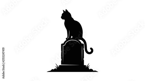 Halloween Black cat silhouette sitting on a tombstone, spooky Halloween graveyard feline vector, gothic cemetery headstone icon vector