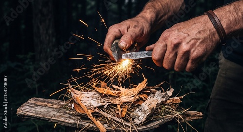 Man creating fire using flint and steel striking method producing bright sparks onto dry birch bark shavings for outdoor survival camp