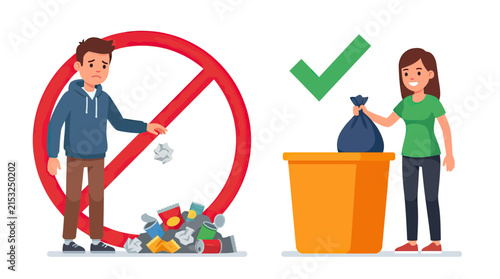 Illustration of proper and improper waste disposal methods.