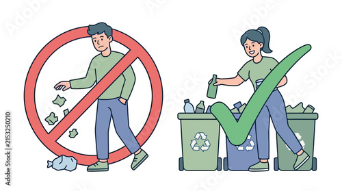 Illustration of proper and improper recycling practices with two people.