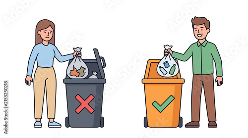 Man and woman sorting trash into recycling and waste bins.