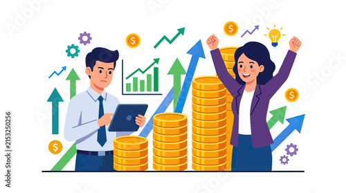 Business team celebrating financial success with charts and coins.
