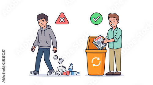 Illustration of two men using a recycling bin correctly and incorrectly.