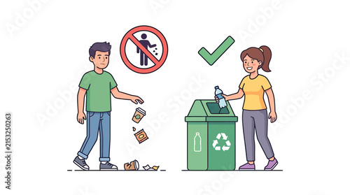 Man and woman properly disposing of trash in a recycling bin.