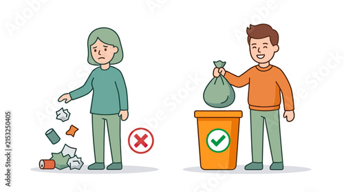 Illustration of proper and improper waste disposal by two people.