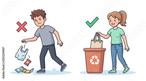 Illustration of proper and improper waste disposal methods.
