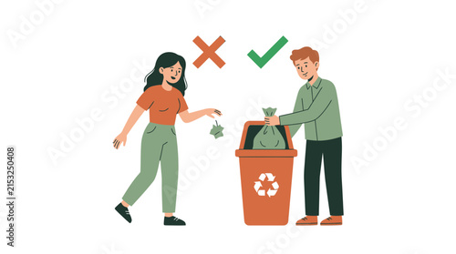 Two people recycling waste in an orange bin outdoors.