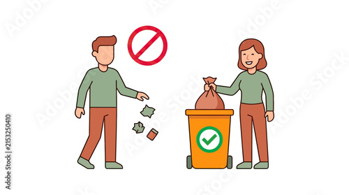 Couple recycling waste and littering in urban environment illustration.