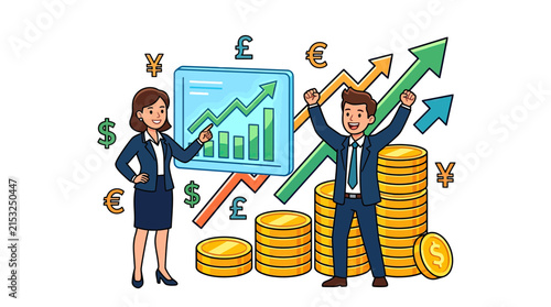 Business team celebrating financial growth with charts and coins.