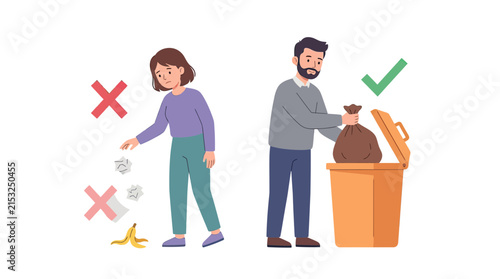 Illustration of a man and woman recycling and littering.