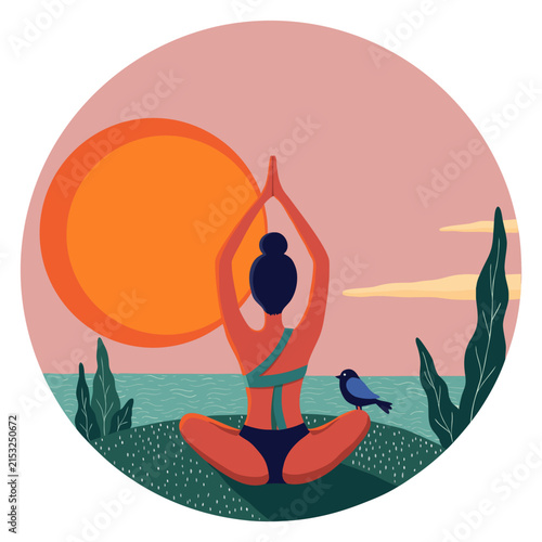 A flat, stylized illustration of a woman in a red yoga pose with her hands joined above her head, facing a large orange sun in a circular frame