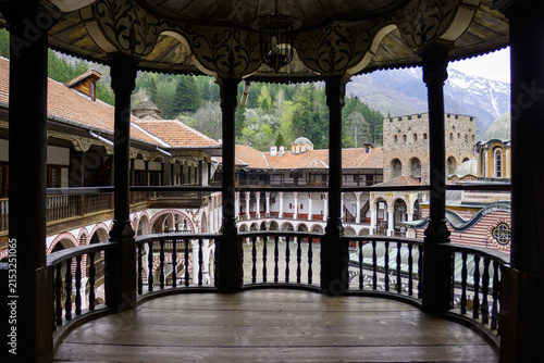 Принти на полотні View of the Rila Monastery courtyard with its distinctive architecture and surrounding mountains