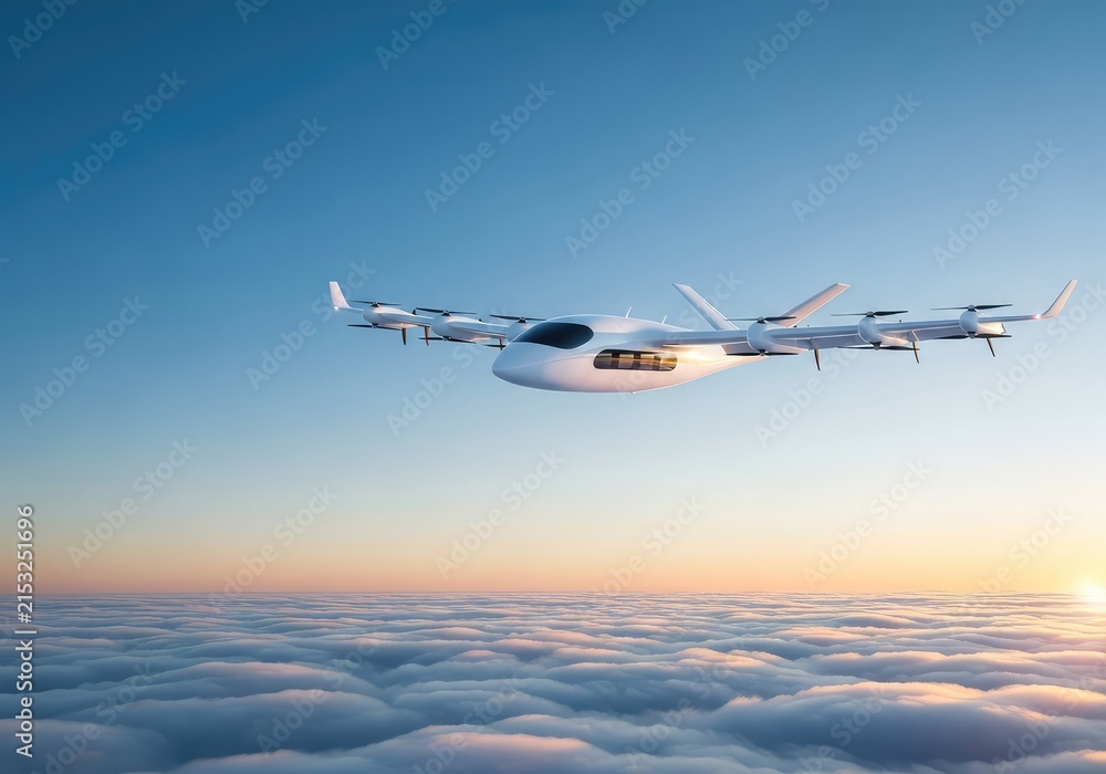 Naklejka premium A sleek white electric aircraft with multiple propellers flies through a clear blue sky above a layer of soft white clouds at sunrise, technology, transportation, solar