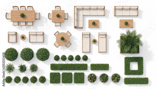 Top view set of modern outdoor furniture and decorative garden plants