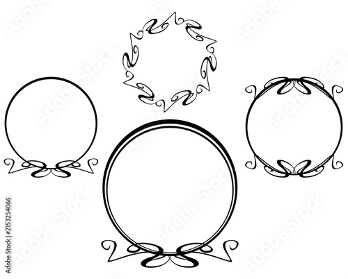 art nouveau style black and white vector set of elegant circular frames - copy space circle borders with minimalist thin decor for wedding or branding design