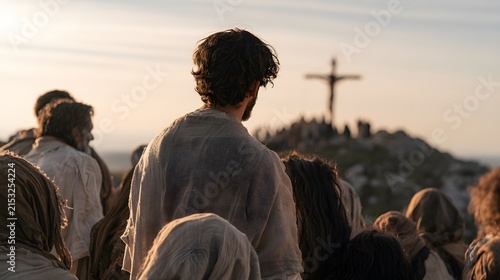 A man in ancient robes standing among a crowd, looking towards a distant crucifixion on a hill