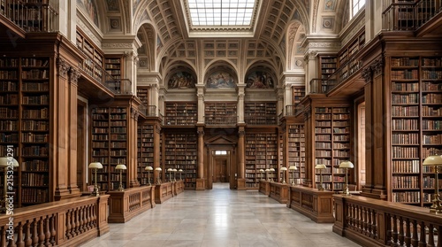 Interior of a grand classical library with wooden bookshelves and high ceilings