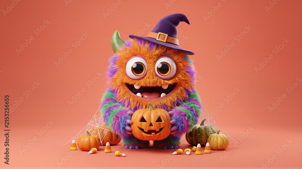 Fototapeta premium Fluffy monster wearing a purple witch hat holding a carved jack-o-lantern pumpkin. Cute Halloween creature surrounded by candy corn and cobwebs. Festive holiday character design.
