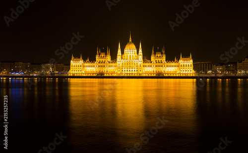 Hungary, Budapest, Hungarian Parliament Building and Danube river at night