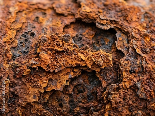 Close-up of severe metal corrosion and deep rust pits on rough surface with corrosion, oxidized