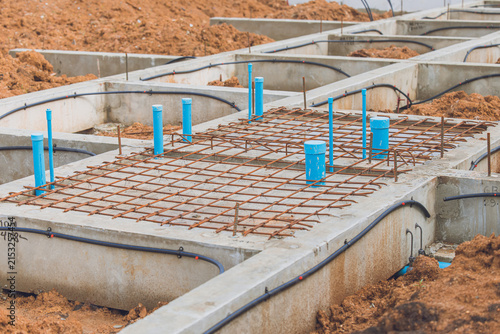 Foundation Footing in construction site, Shallow Foundation ground floor concrete beams and water pipeline structure