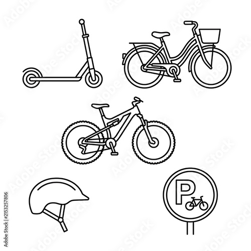 Minimalist line icons of bicycles, a kick scooter, a helmet, and a parking sign.