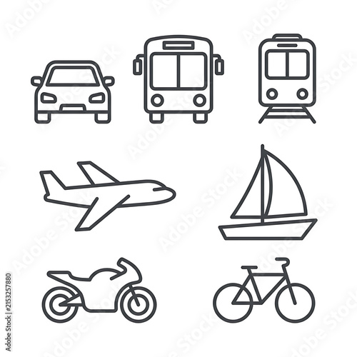 Minimalist black line icons depict various modes of transport on a white background.