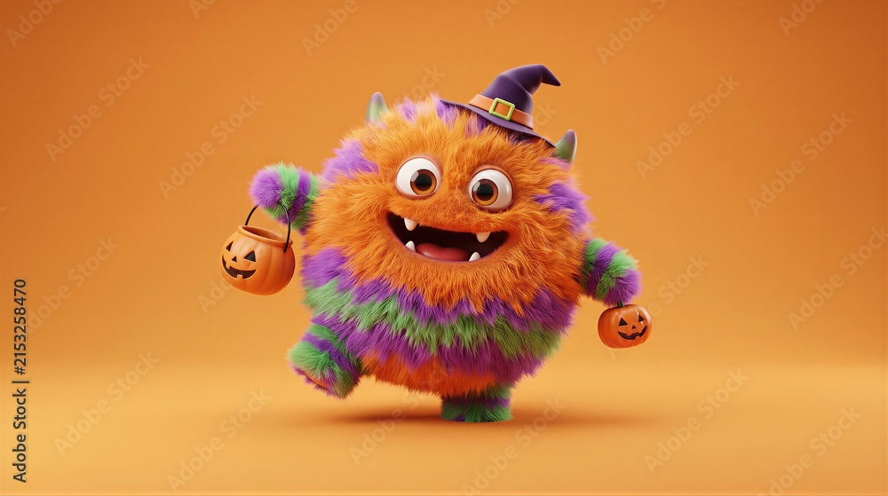Fototapeta premium Funny fluffy monster wearing witch hat and holding pumpkin bucket. Cute Halloween character for celebration card. Cheerful creature with fur in 3D style for holiday party decoration.