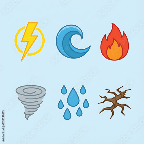 A collection of colorful flat design weather and natural element icons arranged on a light.