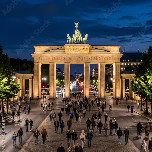 Brandenburg Gate at night Berlin Germany with crowds of people and city lights