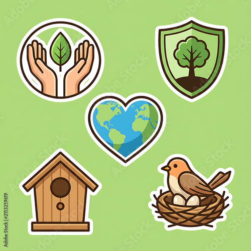 Set of eco-friendly icons featuring a bird in a nest, a birdhouse, and various nature.