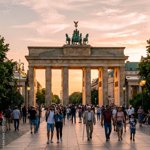 Brandenburg Gate Berlin Germany sunset cityscape people walking travel landmark tourism