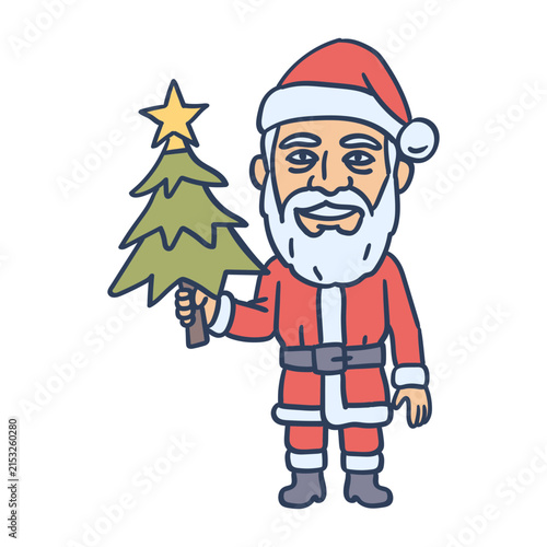 Santa Claus holding Christmas tree and smiling. Hand drawing