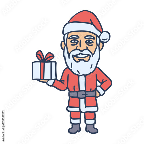 Santa Claus holding gift box and smiling. Hand drawing