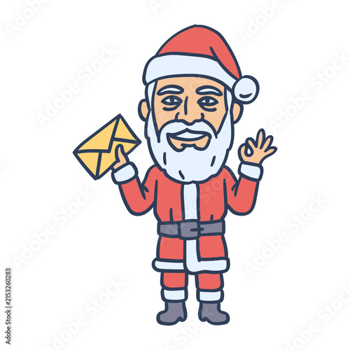Santa Claus holding letter and shows the ok gesture and smiling. Hand drawing