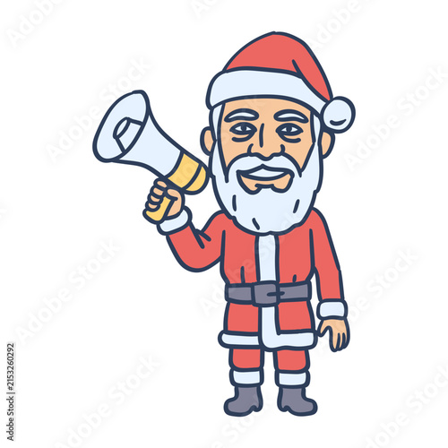 Santa Claus holding megaphone and smiling. Hand drawing