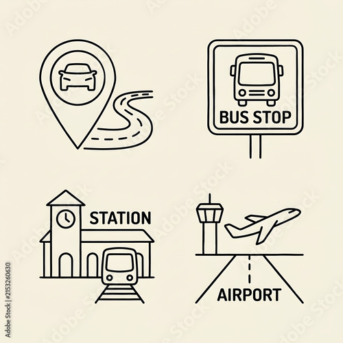Set of transportation icons featuring car map, bus stop, train station, airport.