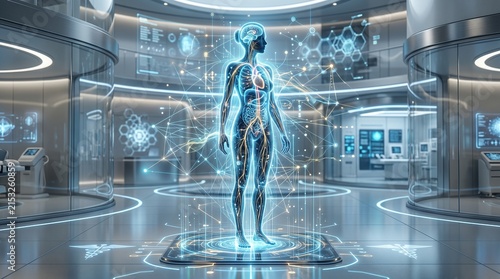artificial intelligence human anatomy medical technology futuristic lab digital health biology scan healthcare innovation science fiction cybernetics biometric data neural network