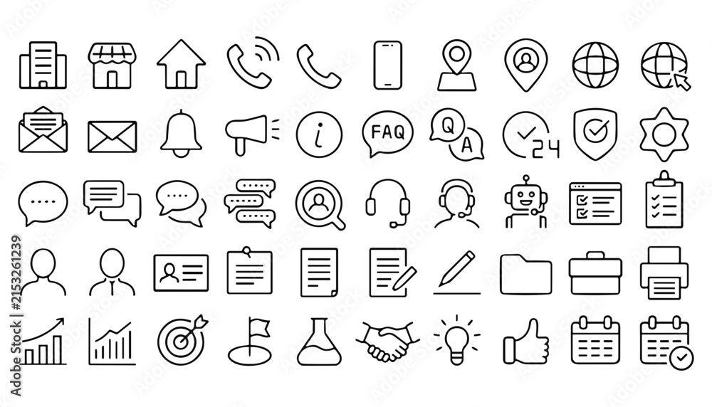 Fototapeta premium Business Communication and Customer Support Icon Set with Outline Contact Symbols Including Phone, Email, Location, Chat, Office, and Analytics for Corporate Website and App Interface Designs