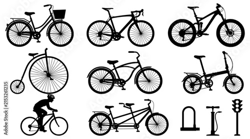 Bild auf Leinwand Collection of bicycle silhouettes including road, mountain, tandem, folding, and